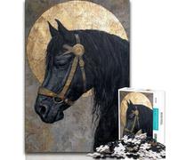 1000 Pieces Jigsaw Puzzles for Adults And Teens Black Golden Horse,Stress Reliever Staycation Kill Time with Matching Poster And Trivia Sheet (38x26cm)