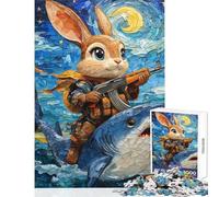 1000 Pieces Jigsaw Puzzles for Adults Armed Rabbit Riding Shark in Starry Night Family Games A Work of Art Toy Wall Decor Artists Collection, Fine Art (26X38cm)