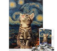 1000 Pieces Jigsaw Puzzles for Adults Cat Gazing at Starry Night Relaxing Games Home Art Decor DIY Toys Artists Collection, Fine Art (52X38cm)