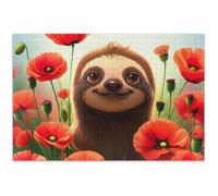 1000 Pieces Jigsaw Puzzles for Adults Cute Brown Sloth Red Florals Animal Art Decor Puzzle Fall Scene White Elephant, 29.5x19.7 Inch