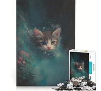 1000 Pieces Jigsaw Puzzles for Adults Cute Kitten in Teal, Relax Games, Precision Cutting, Suitable for Desktop Decoration 50x75cm