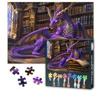 1000 Pieces Jigsaw Puzzles for Adults -Enchanting Purple Dragon in Mystical Library, 50 x 70cm Collectors Edition Puzzle,Fantasy Art Scene with Ancient Books Magic and Mythical Wonder Challenging Art