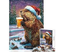 1000 Pieces Jigsaw Puzzles for Adults Festive Beaver with Beer in Winter Family Games Stress Reliever Toy Wall Decor Artists Collection, Fine Art (50x75cm)