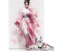 1000 Pieces Jigsaw Puzzles for Adults Geisha in Pink Square Wooden Puzzles Unique Piece Puzzle Educational Fun Games Toys 1000pcs (75x50cm)