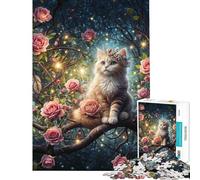 1000 Pieces Jigsaw Puzzles for Adults Ginger Cat on Roses Tree Puzzles for Adults Relax Games Presents for Women Parent-child Interaction (Size 38x52cm)