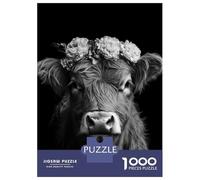 1000 Pieces Jigsaw Puzzles for Adults Highland Cow with Flower Crown Black And White Photo Portrait Jigsaw for Adults Brain Teaser Game Presents for Women Birthday And Unique Gifts 38x26cm/1000pcs