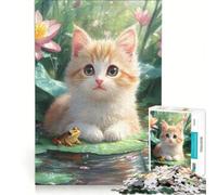 1000 Pieces Jigsaw Puzzles for Adults Kitten And Frog on Lily Pad Turkish Van Relax Games Precision Cutting Suitable for Desktop Decoration 38x52cm