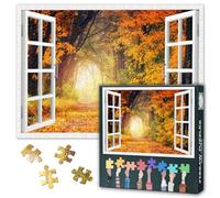 1000 Pieces Jigsaw Puzzles for Adults Paper Jigsaw Puzzle Wall Mural Window View Path Through Autumn Fall Season Tree Forest Nature Realism Landscape Photography Home Brain Challenge 27.5x19.7 Inch