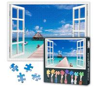 1000 Pieces Jigsaw Puzzles for Adults Paper Jigsaw Puzzle Window View Pier to Tropical Island Vacation Getaway Wilderness Nature Realism Photography Scenic Landscape Family Challenge 27.5x19.7 Inch