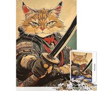 1000 Pieces Jigsaw Puzzles for Adults Samurai Cat Warrior with Sword Family Games Stress Reliever Toy Wall Decor Artists Collection, Fine Art (50x75cm)