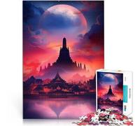 1000 Pieces Jigsaw Puzzles for Adults Silhouetted Temple Under Giant Moon Schwierig Schwer tolles Geschenk75x50cm