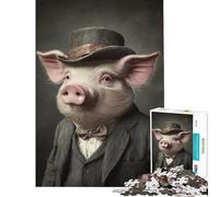 1000 Pieces Jigsaw Puzzles for Adults Stylish Pig in Top Hat Adult Jigsaw Brain Teaser Game Stress Reliever Parent-child Interaction (Size 38x26cm)