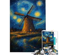 1000 Pieces Jigsaw Puzzles for Adults Windmill Under A Starry Night Adult Puzzles Relax Games Difficult Hard Birthday And Unique Gifts (Size 50x75cm)