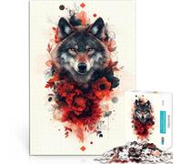 1000 Pieces Jigsaw Puzzles for Adults Wolf with Red Flowers Spielspielzeug Einzigartige Geburtstags- und Geschenkideen50x70cm