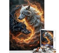 1000 Pieces Jigsaw Puzzles for Adults Yin Yang︰ Two Wolves in Fiery Circle Home Decoration Toys Gift For Birthdays Educational Games Difficult And Challenge Size 50x75cm