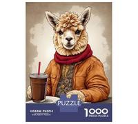 1000 Pieces Jigsaw Puzzles for Teenagers Alpaca Enjoying Coffe Adult Puzzles Brain Teaser Game Difficult Hard Fun Activities at Home 38x26cm/1000pcs