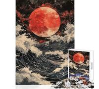 1000 Pieces Jigsaw Puzzles for Teenagers Blood Moon Over Waves Fun Games Stress Reliever Educational Toy Enhance Love between Couples (38x26cm)