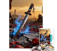 1000 Pieces Jigsaw Puzzles for Teenagers Broken Katana in Battlefield with Blue Flames Learning Educational Toys for Educational Game Improve Memory Gifts Birthday (Size 38x26cm)