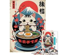 1000 Pieces Jigsaw Puzzles for Teenagers Cat Eating Ramen with Mount Fuji Fun Activities at Home Tough Challenge Practical Game Suitable for People Aged 14 And Above (38x52cm)