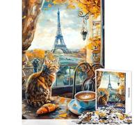 1000 Pieces Jigsaw Puzzles for Teenagers Cat in Paris with Eiffel Tower Fun Games Stress Reliever Educational Toy Enhance Love between Couples (38x52cm)
