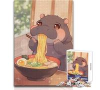 1000 Pieces Jigsaw Puzzles for Teenagers Cute Hippo Eating Ramen Illustration Beautiful Design Game Birthday Present Art Work Gift Size 38x52cm