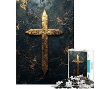1000 Pieces Jigsaw Puzzles for Teenagers Golden Cross on Black Marble Jigsaws for Adults Toy Wall Decor Difficult Hard Challenging Game Gifts (Size 50x75cm)
