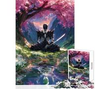 1000 Pieces Jigsaw Puzzles for Teenagers Samurai Skeleton Meditation Under Cherry Tree Brain Teaser Game Tough Challenge Anti-Stress Toys for Birthday, Chrismas (38X26CM)