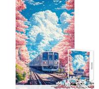 1000 Pieces Jigsaw Puzzles for Teenagers Train Through Cherry Blossoms Fun Games Precision Cutting Home Decoration Toys Enhance Love between Couples (26X38cm)