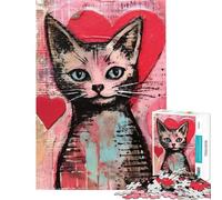 1000 Pieces Jigsaw Puzzles for Teenagers Valentine Cat with Hearts Painting Challenging To Complete Enhance Memory Hands-on Game for And from 14 Years And over (38x52cm)
