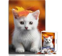 1000 Pieces Jigsaw Puzzles for Teenagers White Kitten with Autumn Leaf Beautiful Design Game Birthday Present Art Work Gift Size 38x26cm