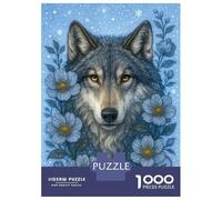 1000 Pieces Jigsaw Puzzles for Teenagers Wolf Portrait with Blue Flowers Puzzle for Adults Relax Games Hand Speed Race Christmas Birthday Gifts 70x50cm/1000pcs