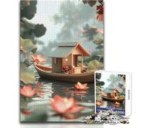 1000 Pieces Jigsaw Puzzles for Teenagers Wooden Houseboat with Lotus Flowers Practical Game Presents for Women Anti-Stress Toys Size 38x52cm