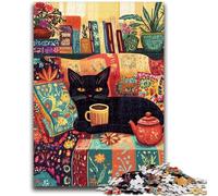 1000 Pieces Jigsaw Puzzles For Teens And Adults Black Cat Drinking Coffee Brain Teaser Game Educational Game for Birthday, Chrismas for for Age 14 50x75cm