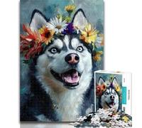 1000 Pieces Jigsaw Puzzles For Teens And Adults Husky Wearing Flowers 1000 Piece Puzzle,Family Game Stress Reliever Difficult Challenge Suitable for Couples 50x75cm