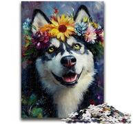 1000 Pieces Jigsaw Puzzles For Teens And Adults Husky with Flowers Puzzles for Adults,Unique Birthday And Gifts for Age 14 Years Up (38x26cm)