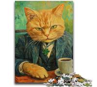 1000 Pieces Jigsaw Puzzles For Teens And Adults Orange Cat Drinking Coffee Stress Reliever Difficult Challenge with Matching Poster And Trivia Sheet 26x38cm