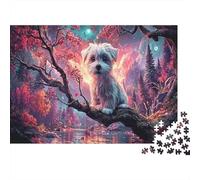 1000 Pieces Jigsaw Puzzles Gift Set - White Puppy Sits on Cherry Blossom Branch Under Twin Moons Home Decoration Puzzle Pet Challenging Jigsaw Great Gift for Adults 70x50cm/1000pcs