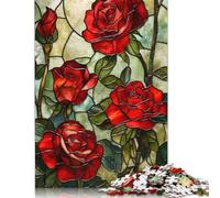1000 Pieces Jigsaw Puzzles Red Roses Stained Glass Creative Square Jigsaw Puzzles for Adults And Paper Puzzles Challenging Game 1000pcs (38x26cm)