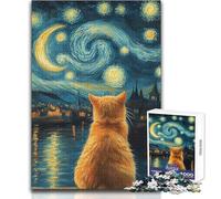 1000 Pieces Jigsaws Adults Puzzles Animal Cat Gazing at Starry Night Educational Games Stress Reliever Gift For Birthdays Size 38x52cm