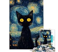 1000 Pieces Jigsaws Adults Puzzles Black Cat in Jolly Starry Night Puzzle for Adults Fun Games Analysis And Logic Difficult And Challenge (Size 38x26cm)