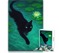 1000 Pieces Jigsaws Adults Puzzles Black Cat in Water Lilies - Lotus Prowl Peaceful Relaxing Free Time Fine Precision Edge Craft Toy Size 38x26cm