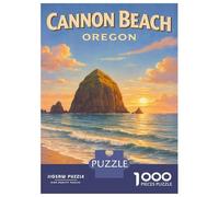1000 Pieces Jigsaws Adults Puzzles Cannon Beach Oregon Wall Art - Vintage Travel Poster Print - Haystack Rock Sunset Coastal Decor Jigsaw for Adults Brain Teaser Game Analysis And Logic Unique Gifts F