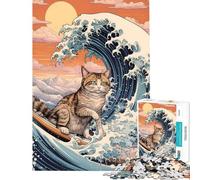 1000 Pieces Jigsaws Adults Puzzles Cat Surfing Kanagawa Wave Puzzles for Adults Toy Wall Decor Enhance Memory Difficult And Challenge (Size 38x52cm)