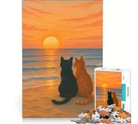 1000 Pieces Jigsaws Adults Puzzles Cats Watching Sunset at The Beach, Family Game, Fun at Home Activities, Birthday Present, Gifts, 50x75cm