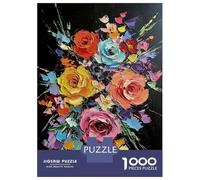 1000 Pieces Jigsaws Adults Puzzles Colorful Floral Bouquet Painting on Black Jigsaw for Adults Brain Teaser Game Analysis And Logic Unique Gifts for Birthday And Christmas 38x26cm/1000pcs