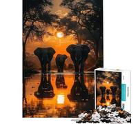 1000 Pieces Jigsaws Adults Puzzles Elephants at Sunset Difficult And Challenge Improve Memory Anti-Stress Toys for And from 14 Years And over (38x26cm)