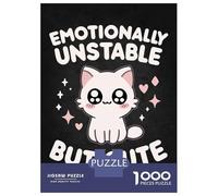 1000 Pieces Jigsaws Adults Puzzles Emotionally Unstable But Cute - Pink Funny Cat Humor Puzzles for Adults Family Game Presents for Women Unique Gifts for Birthday And Christmas 52x38cm/1000pcs