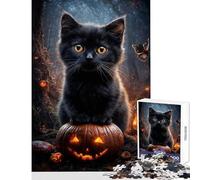 1000 Pieces Jigsaws Adults Puzzles Gifts Black Cat on Jack-o'-Lantern Educational Game Staycation Kill Time Home Decoration Toys for Is Ideal As A Gifts (38X26CM)