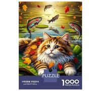 1000 Pieces Jigsaws Adults Puzzles Gifts Cat on Lily Pad with Jumping Fish Puzzles for Adults Toy Wall Decor Perfect Decoration Challenging To Complete 38x26cm/1000pcs