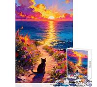 1000 Pieces Jigsaws Adults Puzzles Gifts Cat Watching Sunset by The Sea Educational Toy Art Work Gift for Educational Game Challenging To Complete Size 38x26cm